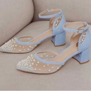 Light Blue Pearl Mesh Block Heel Ankle Strap Wedding
Shoes